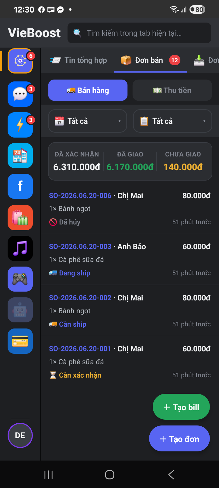 Danh sách Đơn bán với doanh thu, đã thu, phải thu