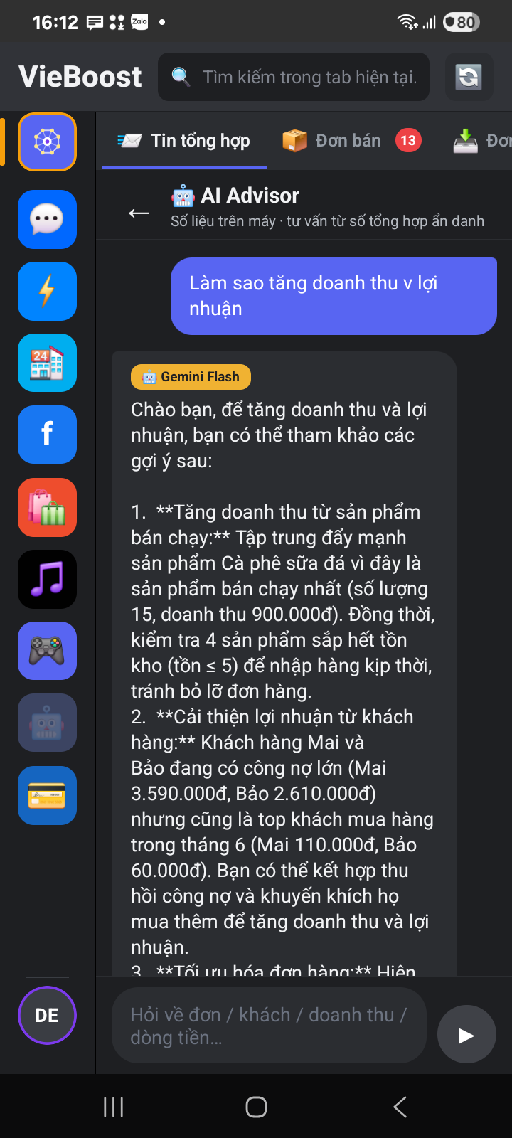AI Advisor đang trả lời bằng số liệu thật + lời khuyên