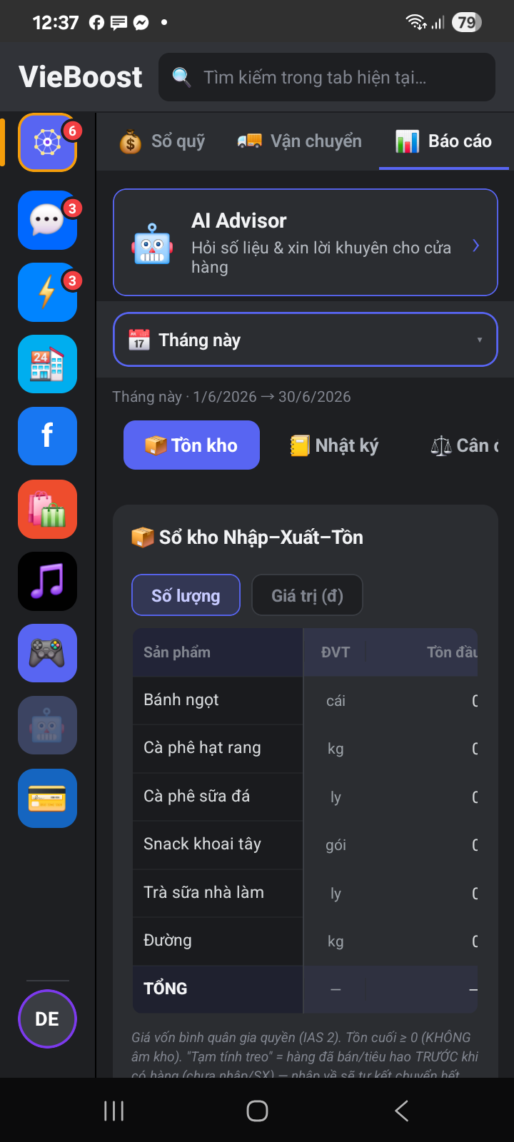 Sổ kho Nhập Xuất Tồn theo IAS 2 bình quân gia quyền