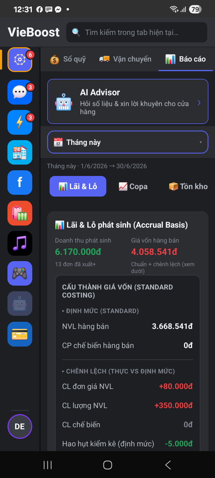 Báo cáo lãi lỗ với cấu thành giá vốn standard costing