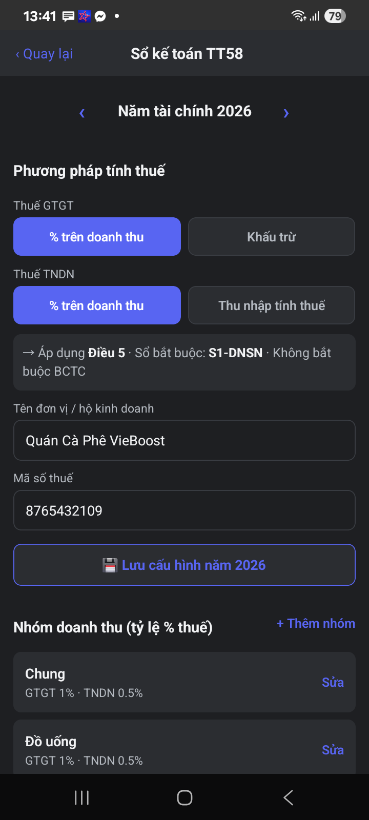 Cấu hình phương pháp tính thuế GTGT TNDN