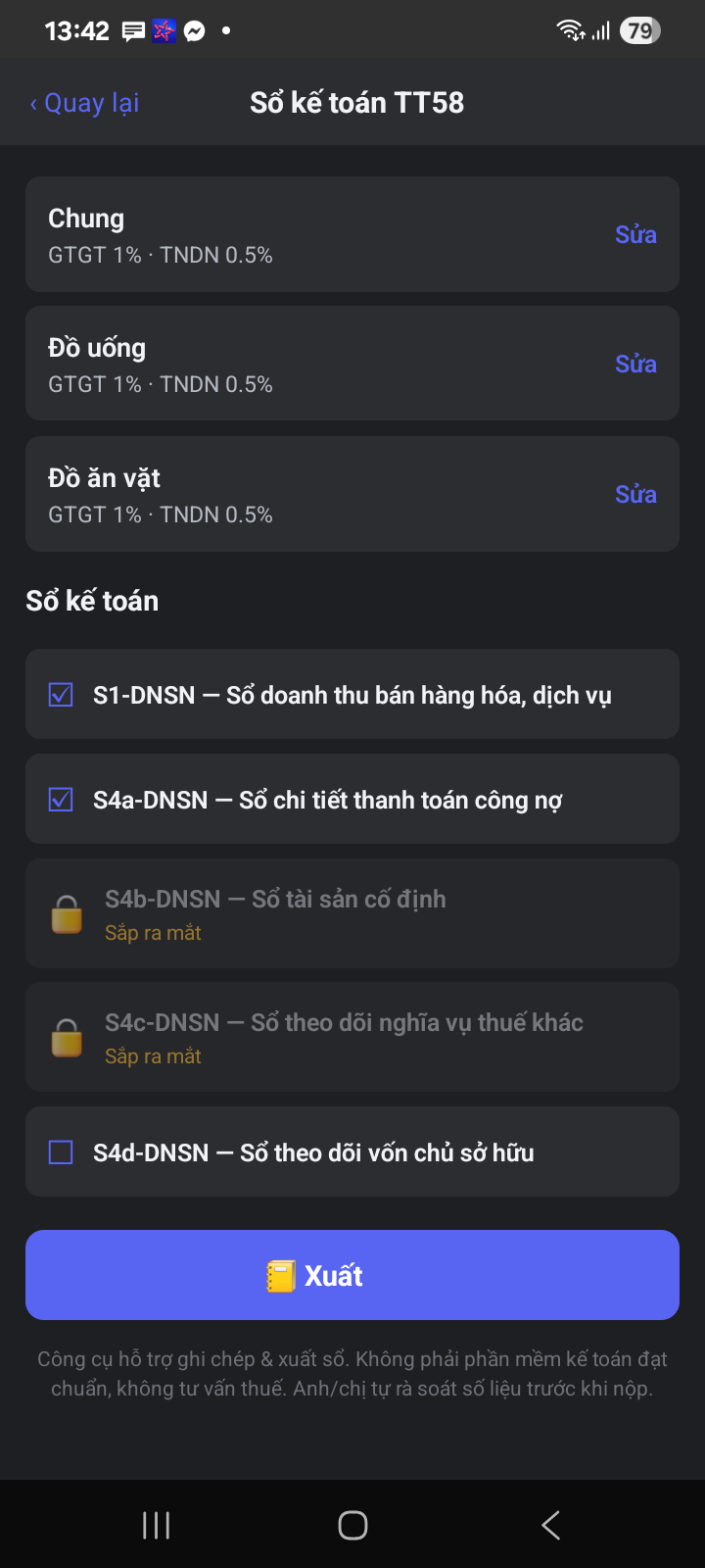 Danh sách sổ kế toán S1 S4a và nút Xuất Excel