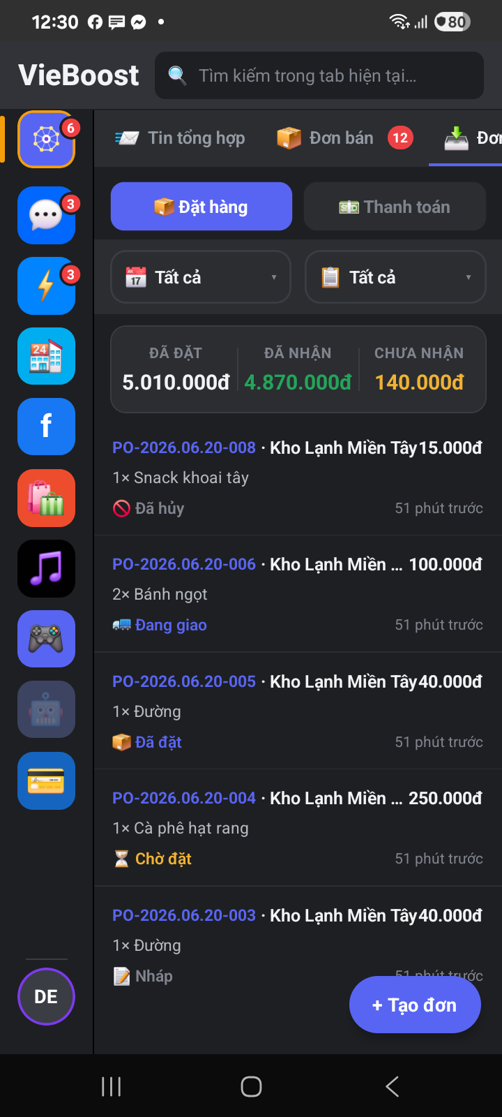 Tab Đơn mua với tổng Mua hàng, Đã chi, Phải trả và danh sách đơn