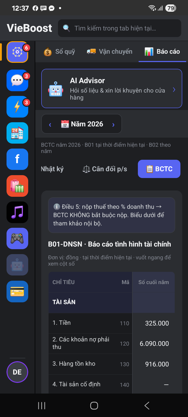 Báo cáo tài chính B01-DNSN tiền phải thu tồn kho