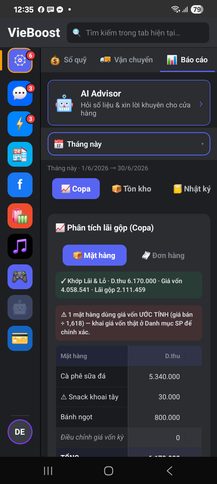 Báo cáo Copa phân tích lãi gộp theo mặt hàng