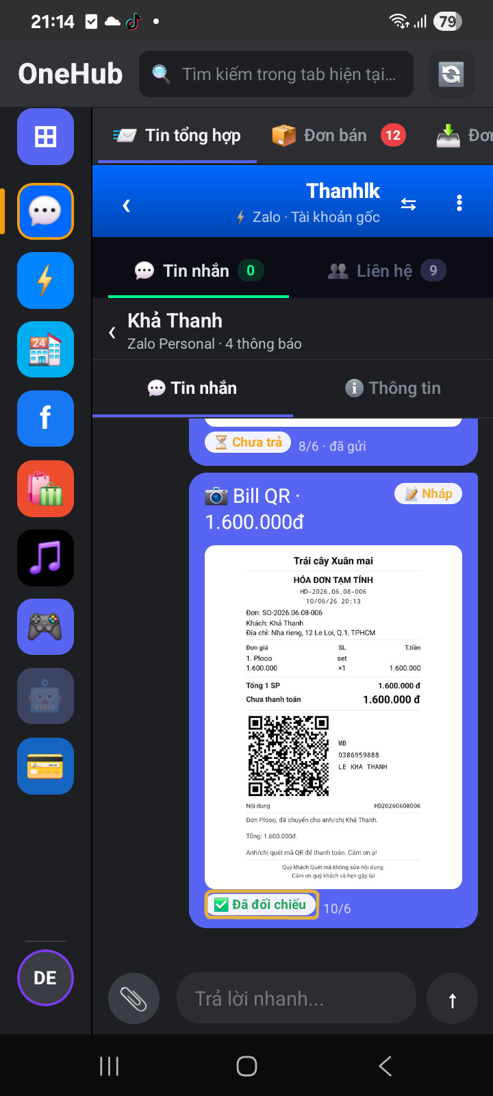 Bill của đơn cũng Đã đối chiếu