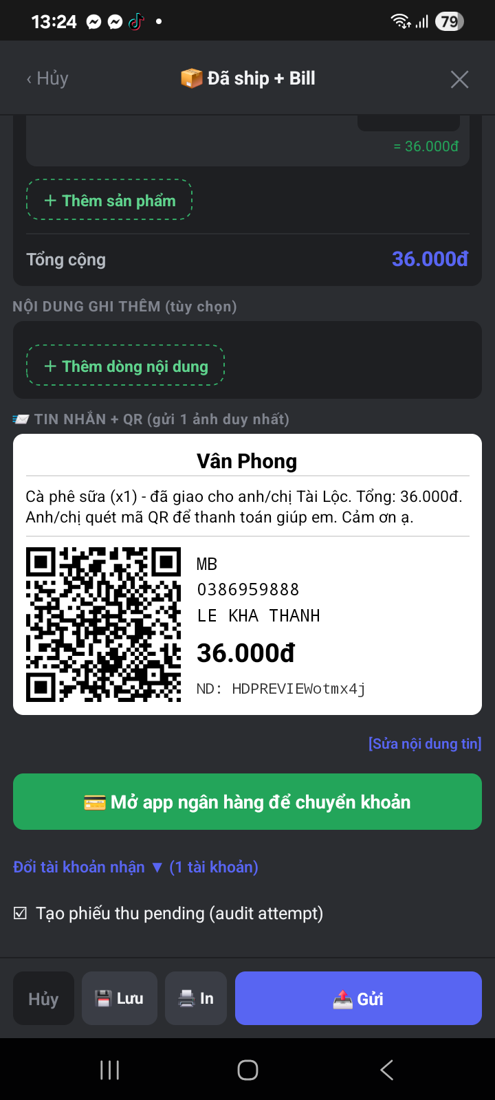 Bill kèm mã QR và lời nhắn