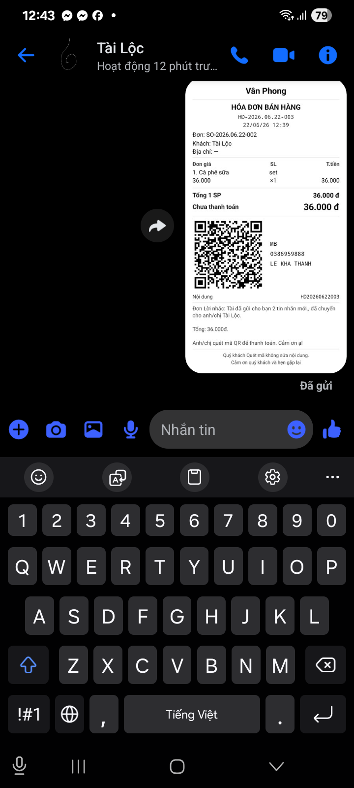 Khách nhận bill trong Messenger
