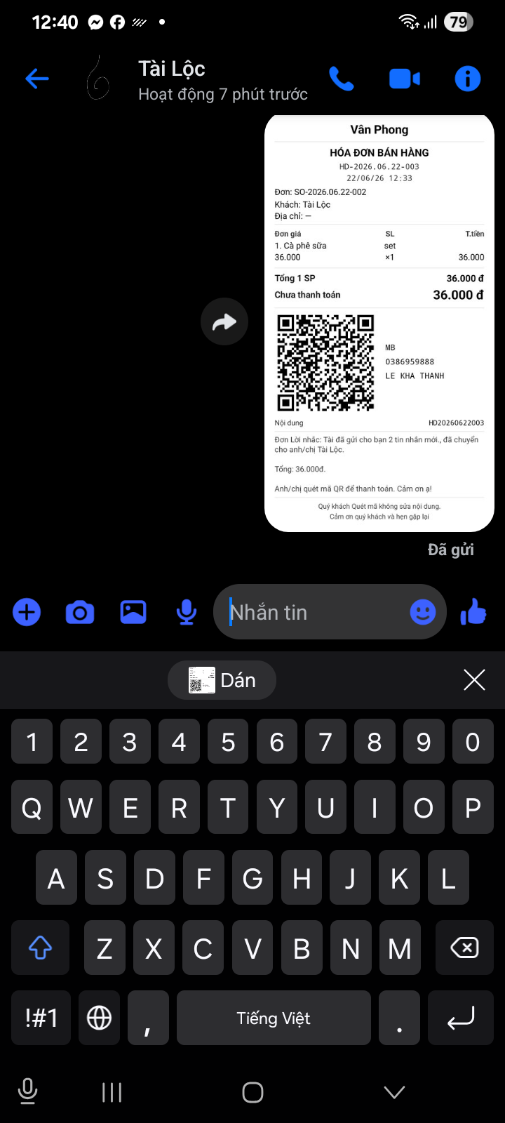 Vào chat khách bấm Dán gửi bill
